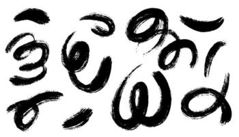Set of hand drawn charcoal pencil curly lines, squiggles, and scribble brush strokes. Black marker sketches with brush strokes and isolated daubs on white background. vector