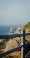 Sea washing rocky shores and ledges. View from the top of the mountain from the observation deck through the fence, vertical photo