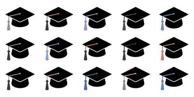 Array of simple graduation caps with various tassel color options for education concept vector