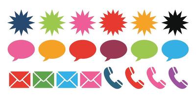 Colorful communication icons including stars speech bubbles envelopes and telephone handsets arranged in rows vector