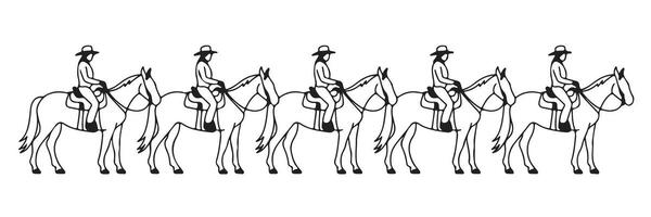 Equestrian silhouette illustration featuring multiple riders on horses with hats in a row vector