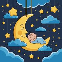 Baby sleeping on the moon with stars and clouds vector