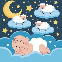 A baby sleeping on a cloud with sheep vector