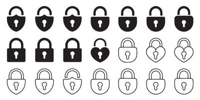 Collection of various style padlock icons security and protection symbols silhouettes and outlines vector