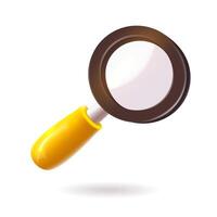 A magnifying glass with a bright yellow handle on a white background in the style of 3D realism, cartoon design, 3D plastic with glossy highlights vector