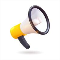 A yellow and white megaphone with a black handle on white in the style of 3D realism, cartoon design, 3D plastic with glossy highlights vector