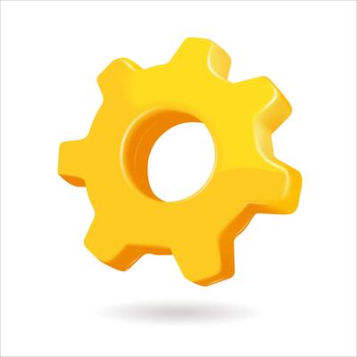 A yellow gear 3D with a center hole on a plain white background