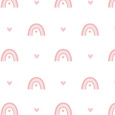 A delicate pattern with rainbows and hearts for clothes, textiles and children's decor in pink colors