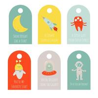 A set of funny wish tags for little space explorers with rockets, astronauts and aliens vector