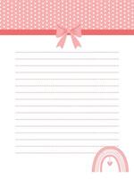 Note or diary page in pink with a bow and delicate rainbow vector