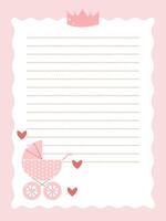 Cute page template for notebook or diary in pink color with baby carriage and crown vector