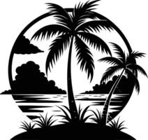 Silhouette depiction of a tropical beach scene featuring palm trees clouds and water vector