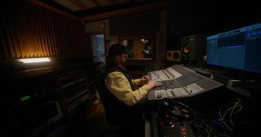 Working in a recording studio. A music engineer controls an audio mixer when rapper records a song behind glass photo