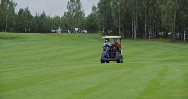 Two men of European appearance driving a golf car along the golf course, carrying bags of golf equipment and talking to each other on a rainy day, shot from behind, a view of the car receding photo