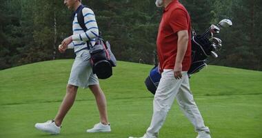 men, stylishly dressed in sportswear, walk along the golf course with game equipment in bags, chatting with each other. Preparing to play golf on a large, well-groomed golf course photo