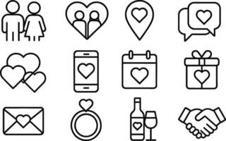 Wedding planning outline icon set featuring essential elements for organizing a special event vector