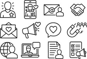illustration of brand identity icons including logo, badge, and business card in linear style layout vector