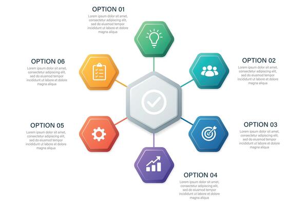 Hexagon radial infographic with six colorful business icons