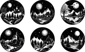 Six enchanting moonlit landscapes featuring castles forests and mountains in black and white for this design vector
