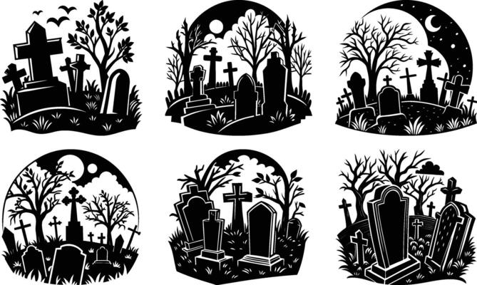 Six spooky graveyard scenes black silhouettes cross headstones trees moon night for this design