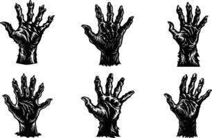 Six monstrous clawed hands reaching up black and white illustration for your unique design vector