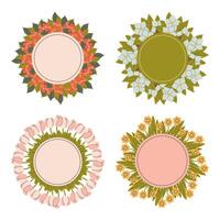 Collection of round labels with floral frames. Sticker set with spring flowers including tulips and daffodils. Party decoration elements. Flat illustration. vector