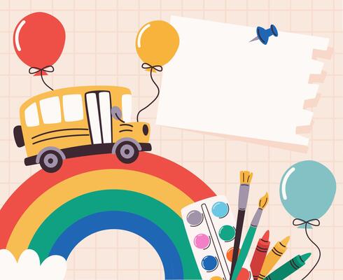 Back to school template banner with yellow school bus on rainbow, colorful balloons, art supplies like paint, crayons and brushes. Notebook paper sheet. Flat illustration.