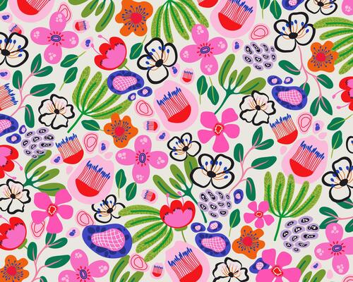 Natural floral pattern background with colorful exotic flowers. Blossom ornament with wildflowers. Greeting card template with elegant text frame. Spring plant branch with leaves. illustration.
