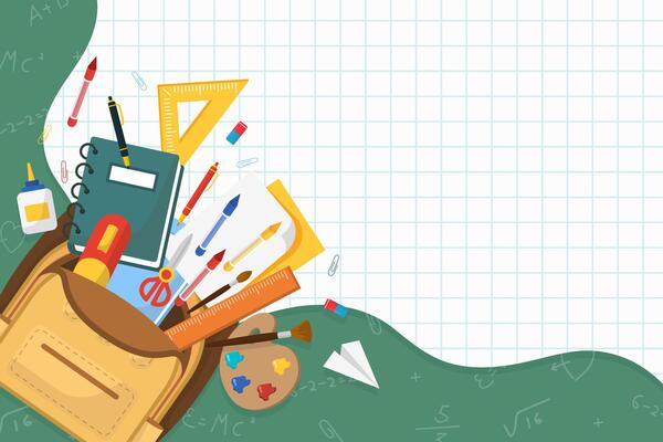 Green chalkboard and graph paper background. Colorful backpack filled with essential school supplies. Web advertising poster with lettering. Flat illustration