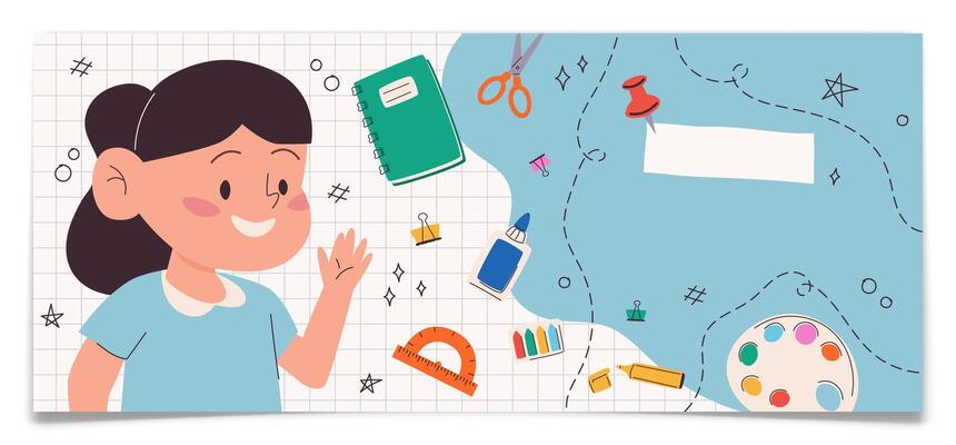 Horizontal flyer or web banner with school supplies and cartoon girl character. Notepad checkered paper background with drawing elements. Back to school, education concept poster. illustration.