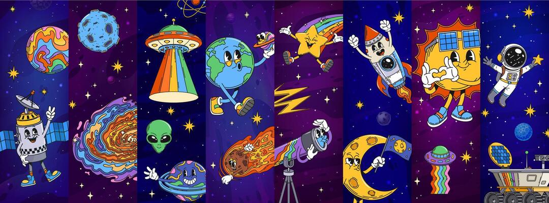 Cartoon groovy space characters collage