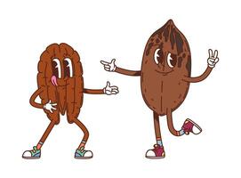 Cartoon groovy pecan nut and seed characters vector