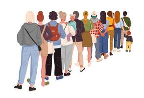 People queue, back view of diverse people in line vector
