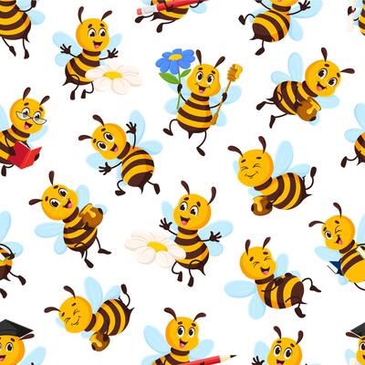 Cartoon honey bee characters seamless pattern