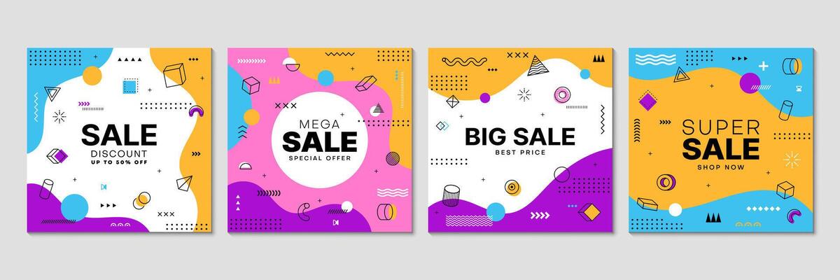 Sale Memphis banners, abstract geometric pattern