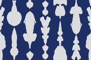 Seamless hand drawn abstract strange imaginary foliage silhouette shapes pattern in white and blue, Japanese folk, ethnic block print background, simple graphic for textile, decoration, carpet vector
