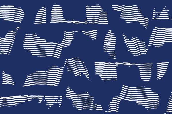 Hand drawn incomplete and distorted flowing brush lines stripe pattern, Japanese wood carving, block print texture background in white and blue, simple graphic for carpet, textile