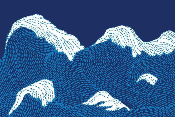 Hand drawn brush lines abstract ethnic waves and water embroidery background in white and blue, Japanese folk wood carving, paint daub texture graphic for carpet, textile, decoration