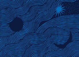 Hand drawn brush lines abstract sky with clouds, sun, moon and stars background in blue, Japanese folk, ethnic wood carving, block print texture graphic for textile, carpet, decoration vector