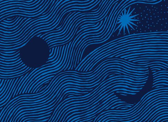 Hand drawn brush lines abstract sky with clouds, sun, moon and stars background in blue, Japanese folk, ethnic wood carving, block print texture graphic for textile, carpet, decoration