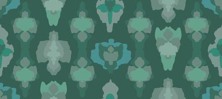 Seamless hand drawn abstract strange cute imaginary foliage shapes pattern in green, tribal and ethnic block print background, simple and creative graphic for textile, decoration, carpet vector