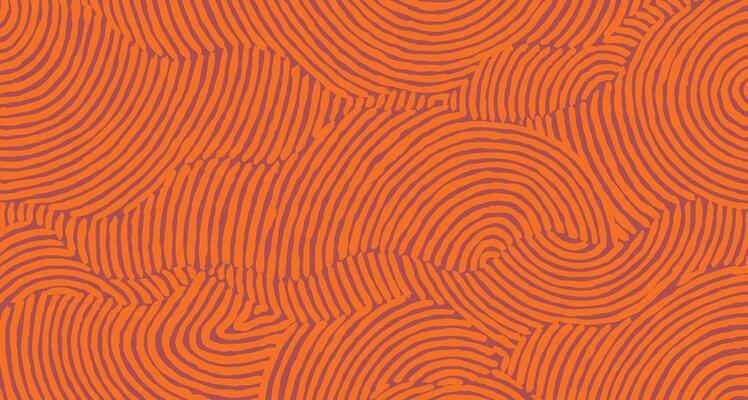 Hand drawn brush lines abstract circular waves pattern in orange, Japanese folk, tribal imperfect hand paint background, irregular graphic for textile, carpet