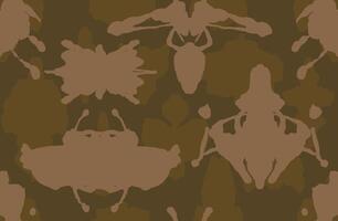 Abstract hand drawn brown camouflage imaginary insects and foliages seamless pattern, ethnic and tribal block print background, simple nature graphic for textile, decoration, wrapping paper vector