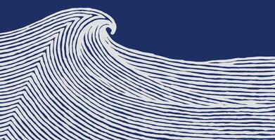 Abstract brush lines simple ocean wave background in white and blue, Japanese and ethnic hand drawn, wood carving texture graphic for textile, decoration, carpet vector