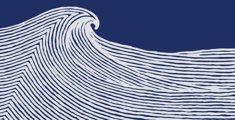 Abstract brush lines simple ocean wave background in white and blue, Japanese and ethnic hand drawn, wood carving texture graphic for textile, decoration, carpet