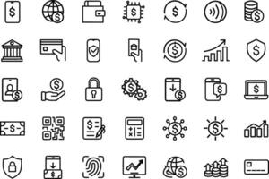 set of 35 outline icons, symbols related to fintech, mobile applications vector