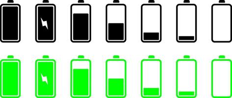 Battery level icon set showing charging. Contains such icons as charger, battery charge level indicators background, vector