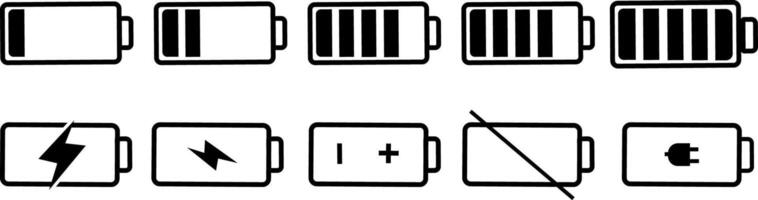 Battery icons set isolated on white background. Battery charge level indicator, Discharged and fully charged battery. illustration, vector