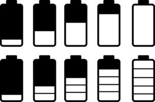 Battery icons set. Battery Charging Icon symbol, Set of 5 outline icons battery, charger, Battery indicator symbols,Isolated on white background vector