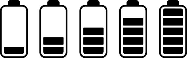 BasicCollection of battery black and power icons. Battery charge level indicator, Discharged and fully charged battery. illustration, RGB vector